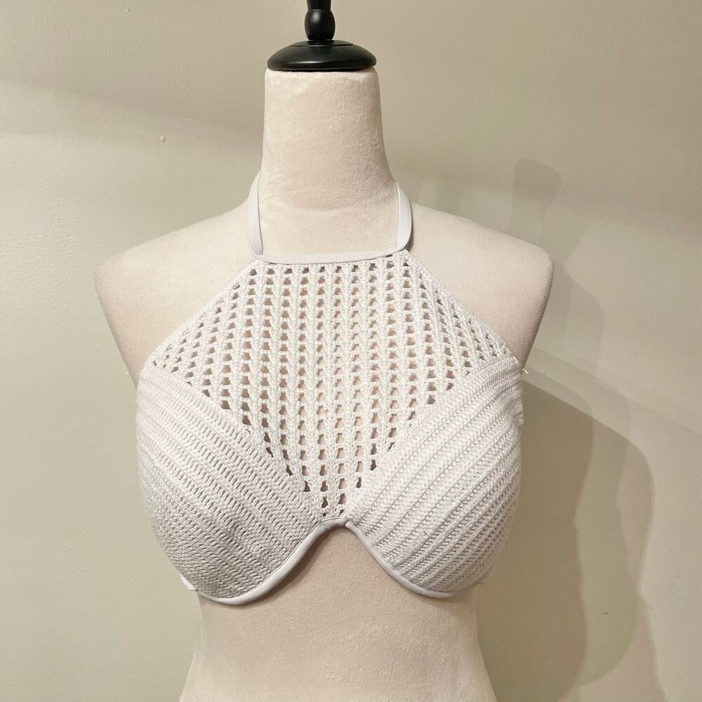 High Neck Halter Neck White Crochet Knit Bikini Top sz 38C